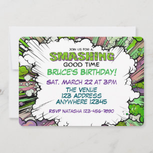 Invitación Cumpleaños Cómic Verde Púrpura Destrozando