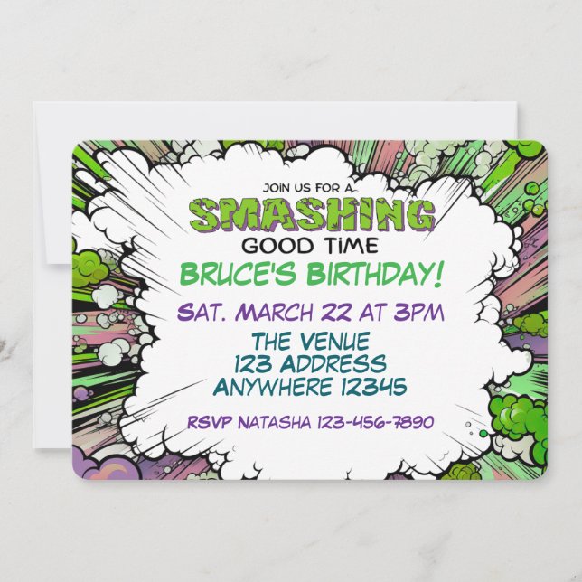 Invitación Cumpleaños Cómic Verde Púrpura Destrozando (Anverso)