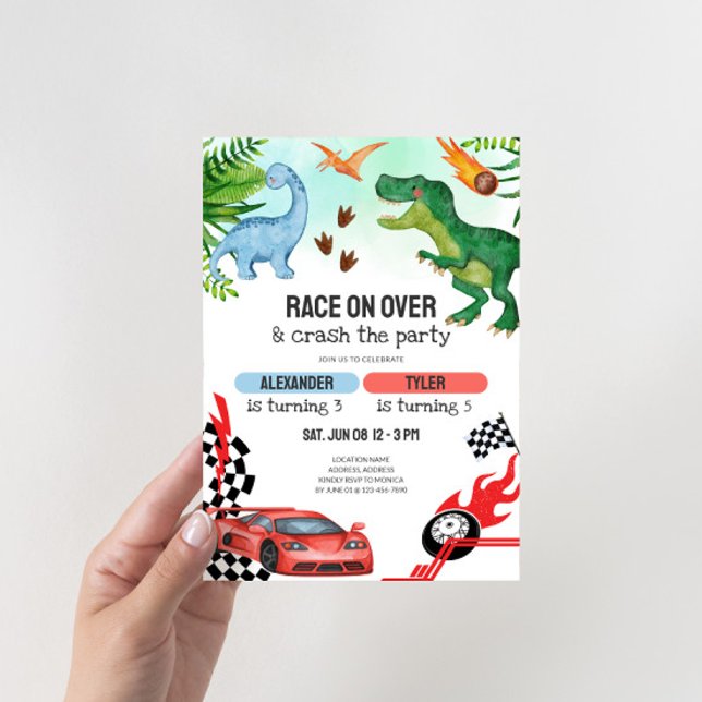 Invitación Cumpleaños compartido de hermanos con dinosaurios  (Joint Kids Birthday Party Invitation - Dinosaurs and Race Cars)