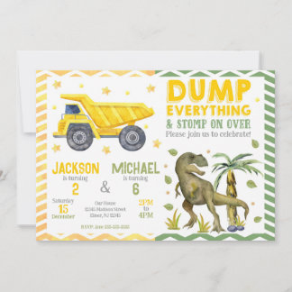 Invitación Cumpleaños compartido de hermanos de dinosaurios y