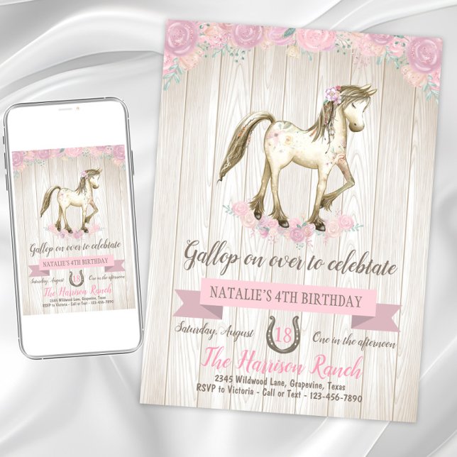 Invitación Cumpleaños con Acuarela de Caballo (Cute pony birthday party invitation. Instant download and printed invitations available.)