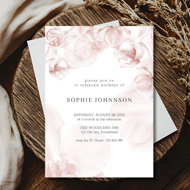 Invitación Cumpleaños con acuarela de orquídea rosa polvorien (Subido por el creador)