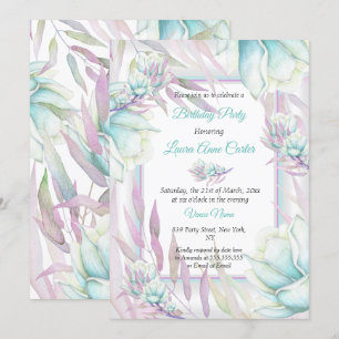 Invitación Cumpleaños con Acuarela Floral Morado Verde Azul D