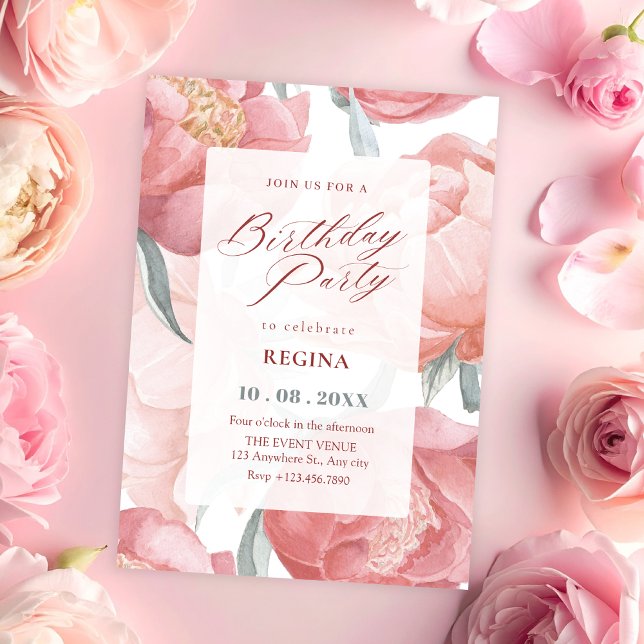 Invitación Cumpleaños con acuarela floral rosa (Subido por el creador)