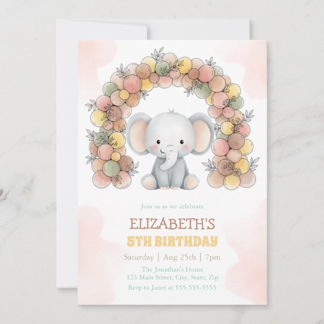 Invitación Cumpleaños con Arco de Globos de Elefante Adorable (Anverso)