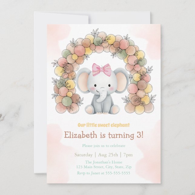 Invitación Cumpleaños con arco de globos de elefante bebé lin (Anverso)