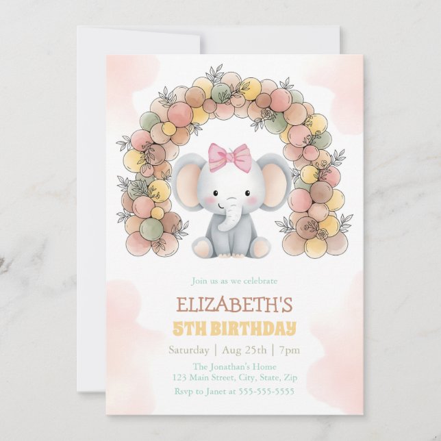 Invitación Cumpleaños con arco de globos de elefante lindo (Anverso)