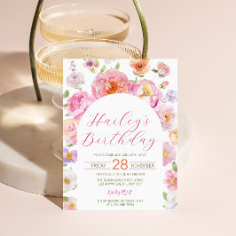 Invitación Cumpleaños con arco floral de caligrafía rosa