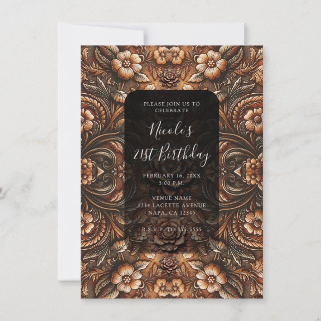 Invitación Cumpleaños con aspecto de cuero falso floral vinta (Anverso)