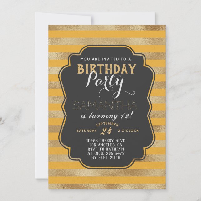 Invitación Cumpleaños con bandas de oro (Anverso)