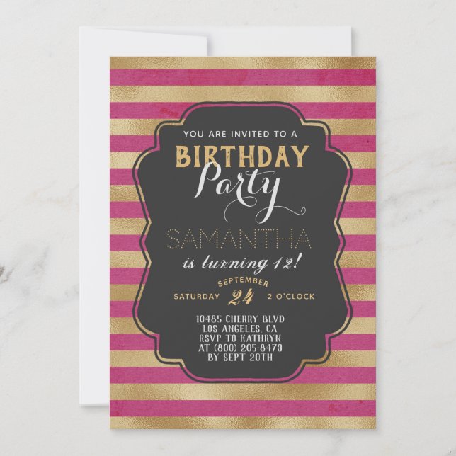 Invitación Cumpleaños con bandas de oro (Anverso)