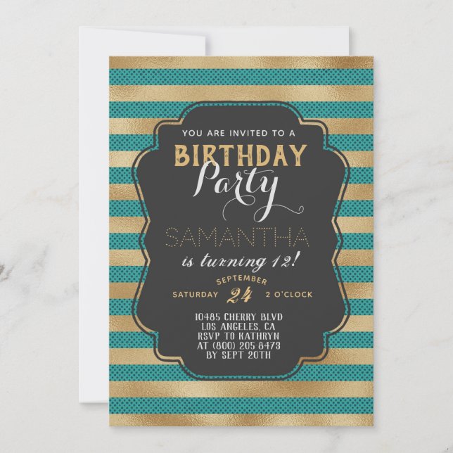 Invitación Cumpleaños con bandas de oro (Anverso)