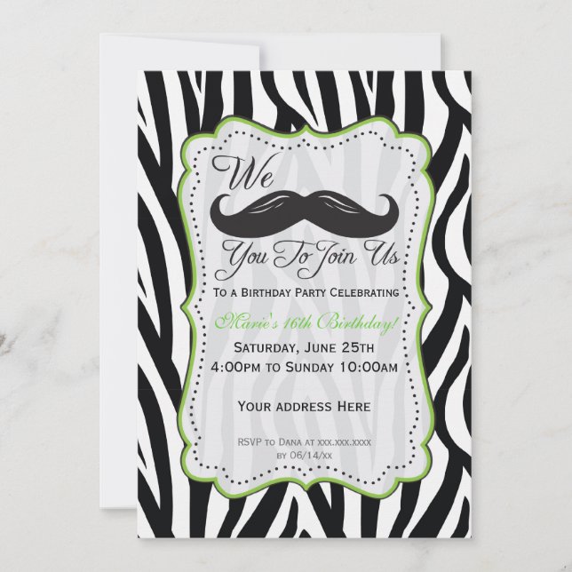 Invitación Cumpleaños con Bigote de Cebra - Negro y Verde Lim (Anverso)