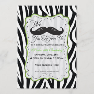 Invitación Cumpleaños con Bigote de Cebra - Negro y Verde Lim