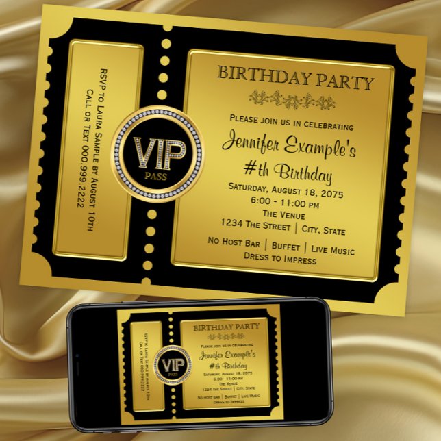 Invitación Cumpleaños con Boleto Dorado VIP (Black gold VIP ticket invitation for any number birthday or event. Digital and printed.)