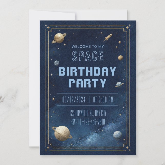 Invitación Cumpleaños con Borde de Planeta con Estampado de O (Anverso)