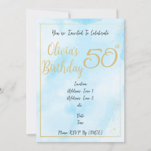 Invitación Cumpleaños con borde dorado y acuarela azul brilla