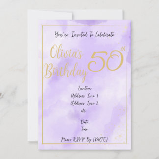 Invitación Cumpleaños con Borde Dorado y Acuarela Púrpura