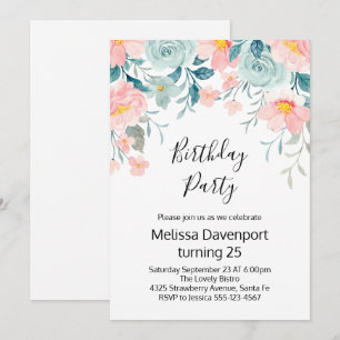 Invitación Cumpleaños con borde floral rosa y verde