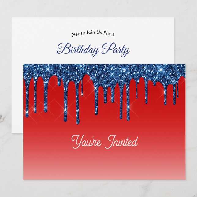 Invitación Cumpleaños con Brillo Azul y Rojo al Estilo Americ (Anverso / Reverso)