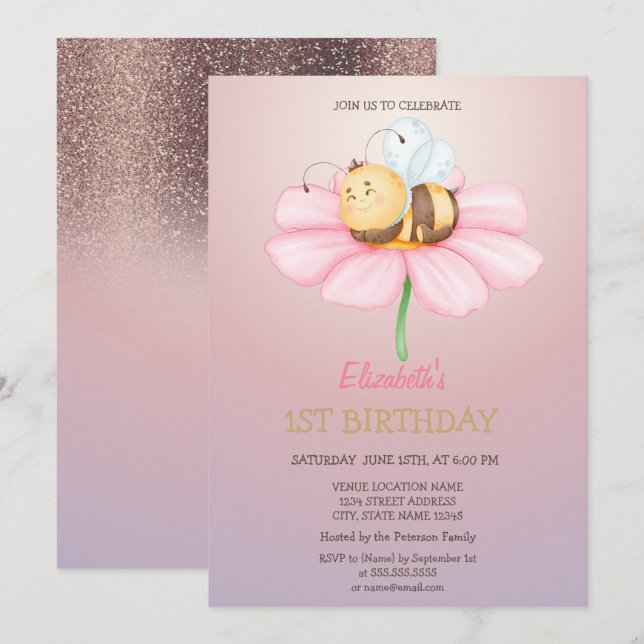 Invitación Cumpleaños con brillo de abeja de miel bebé  (Anverso / Reverso)