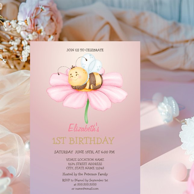 Invitación Cumpleaños con brillo de abeja de miel bebé  (Subido por el creador)