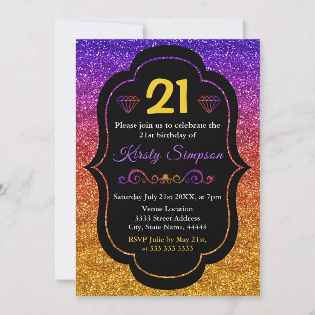 Invitación Cumpleaños con brillo de gradiente púrpura y naran (Anverso)