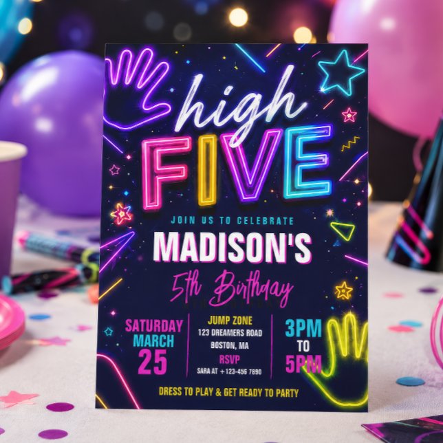 Invitación Cumpleaños con brillo de neón High Five (Subido por el creador)