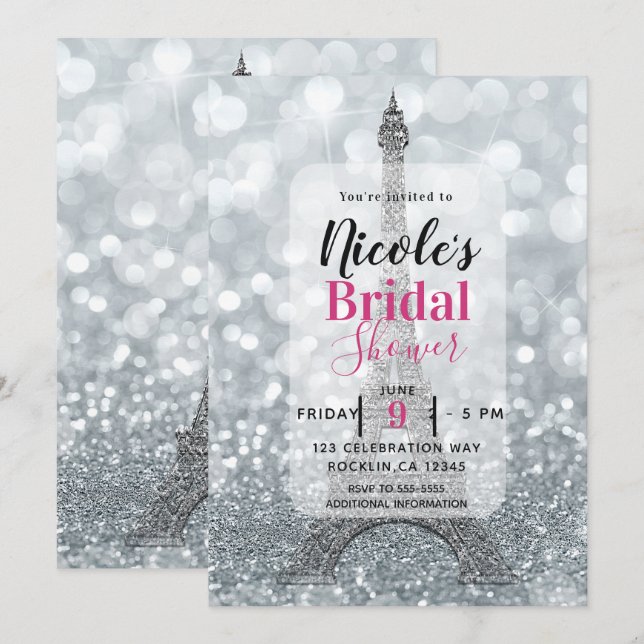 Invitación Cumpleaños con Brillo de Plata Torre Eiffel Desped (Anverso / Reverso)