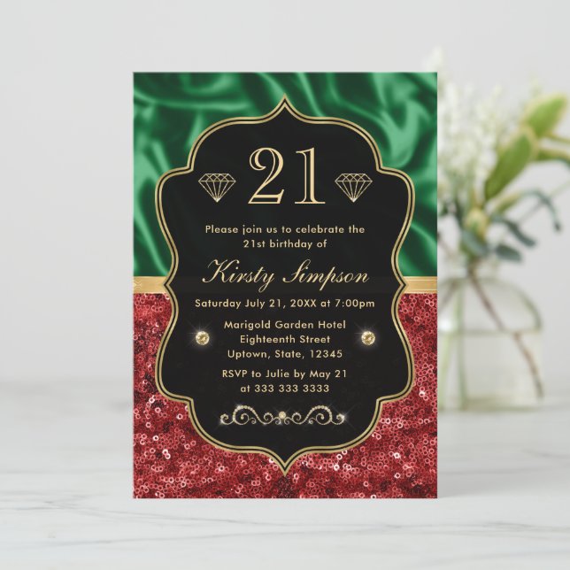 Invitación Cumpleaños con brillo de vacaciones rojo y verde (Anverso de pie)