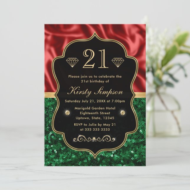 Invitación Cumpleaños con brillo de vacaciones rojo y verde (Anverso de pie)