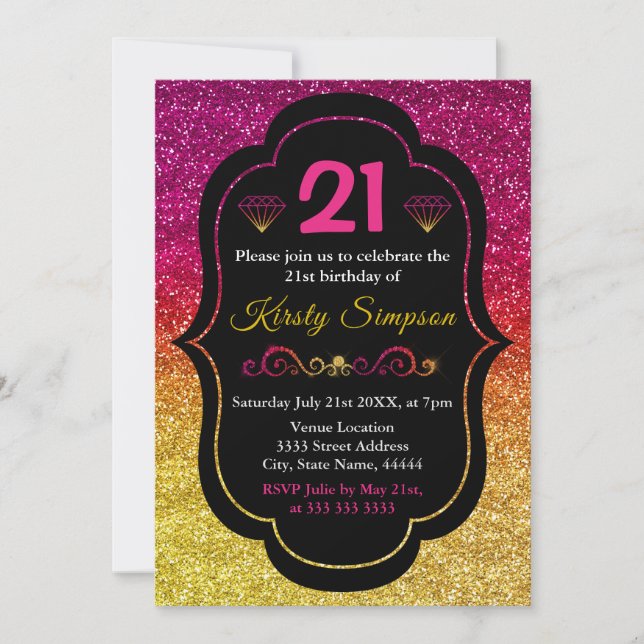 Invitación Cumpleaños con brillo degradado rosa y amarillo br (Anverso)
