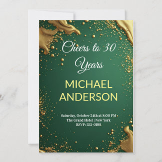 Invitación Cumpleaños con brillo dorado y verde esmeralda