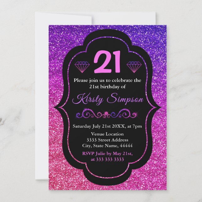 Invitación Cumpleaños con brillo gradiente púrpura y rosa bri (Anverso)