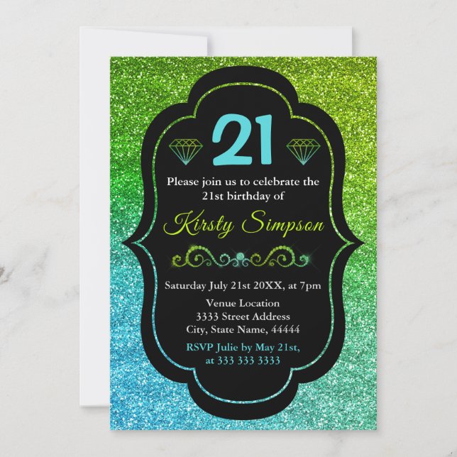 Invitación Cumpleaños con brillo gradiente verde y azul brill (Anverso)