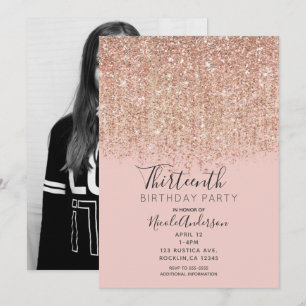 Invitación Cumpleaños con Brillo Rosa Dorado y Purpurina para
