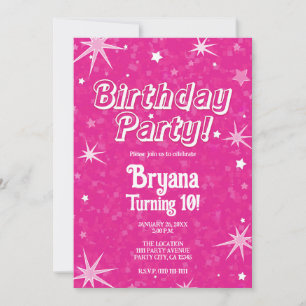 Invitación Cumpleaños con Brillo Rosa Fucsia y Estrellas Blan