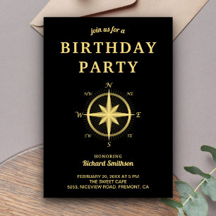 Invitación Cumpleaños con brújula náutica negra y dorada eleg