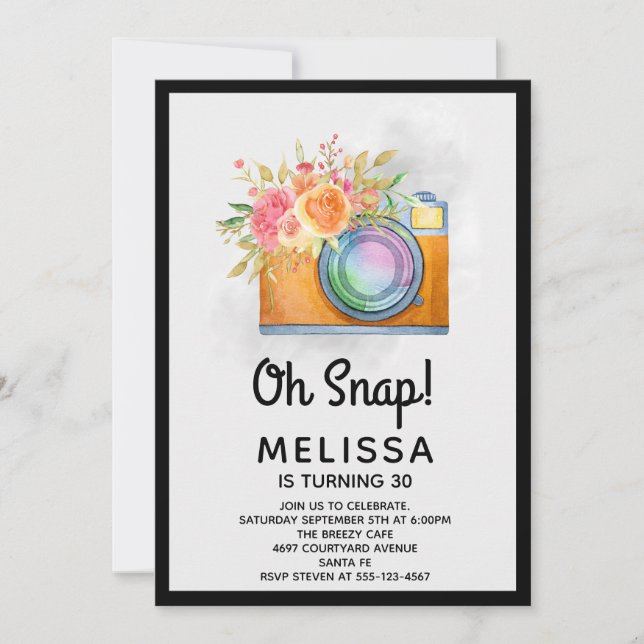 Invitación Cumpleaños con cámara naranja y flores acuarela Bo (Anverso)