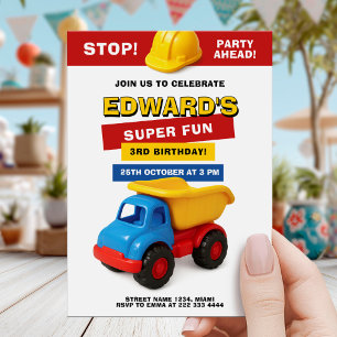 Invitación Cumpleaños con Camión de Construcción Colorido