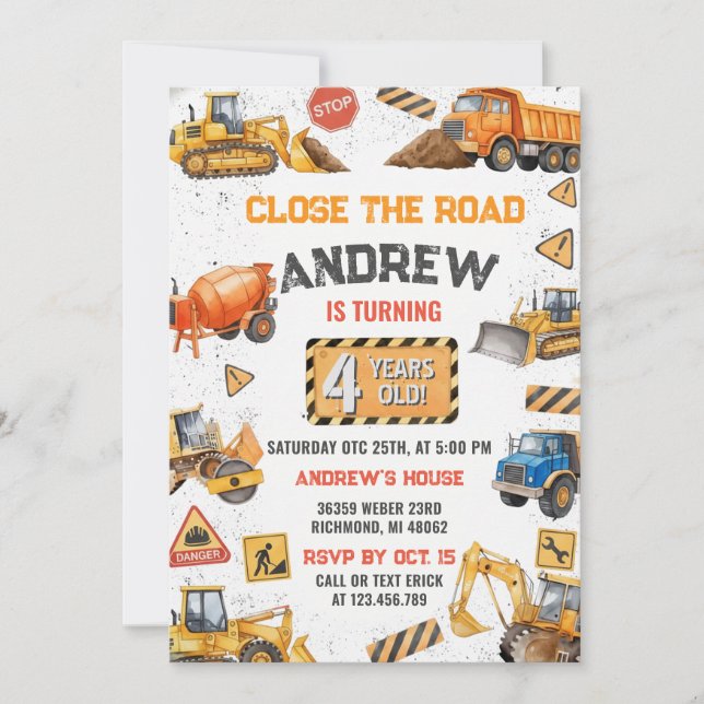 Invitación Cumpleaños con camión de volteo de construcción pe (Anverso)
