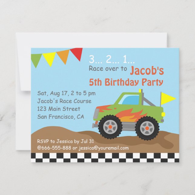 Invitación Cumpleaños con Camión Monstruo Verde (Anverso)