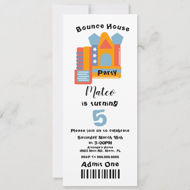 Invitación Cumpleaños con Casa de Rebotes estilo Entrada (Anverso)