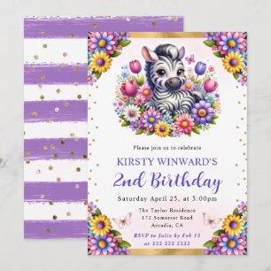 Invitación Cumpleaños con cebra de Pascua en acuarela y flore