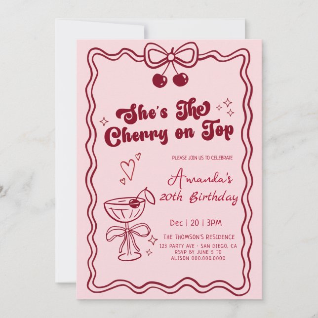 Invitación cumpleaños con cereza dibujada a mano encima  (Anverso)