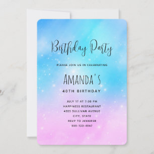 Invitación Cumpleaños con cielo de gradiente pastel rosa y az
