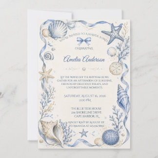 Invitación Cumpleaños con Concha de Acuarela de Agua Azul Cos