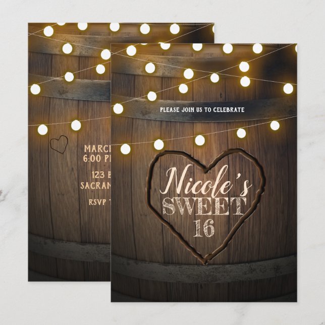 Invitación Cumpleaños con Corazones y Luces de Barril de Made (Anverso / Reverso)