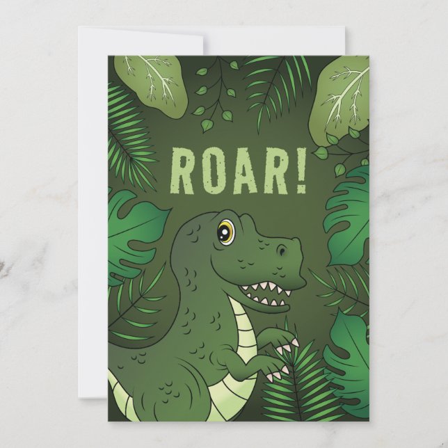Invitación Cumpleaños con Dinosaurio T-rex Verde con Texto Ru (Anverso)