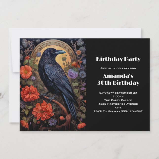 Invitación Cumpleaños con diseño gótico de cuervo negro con f (Anverso)
